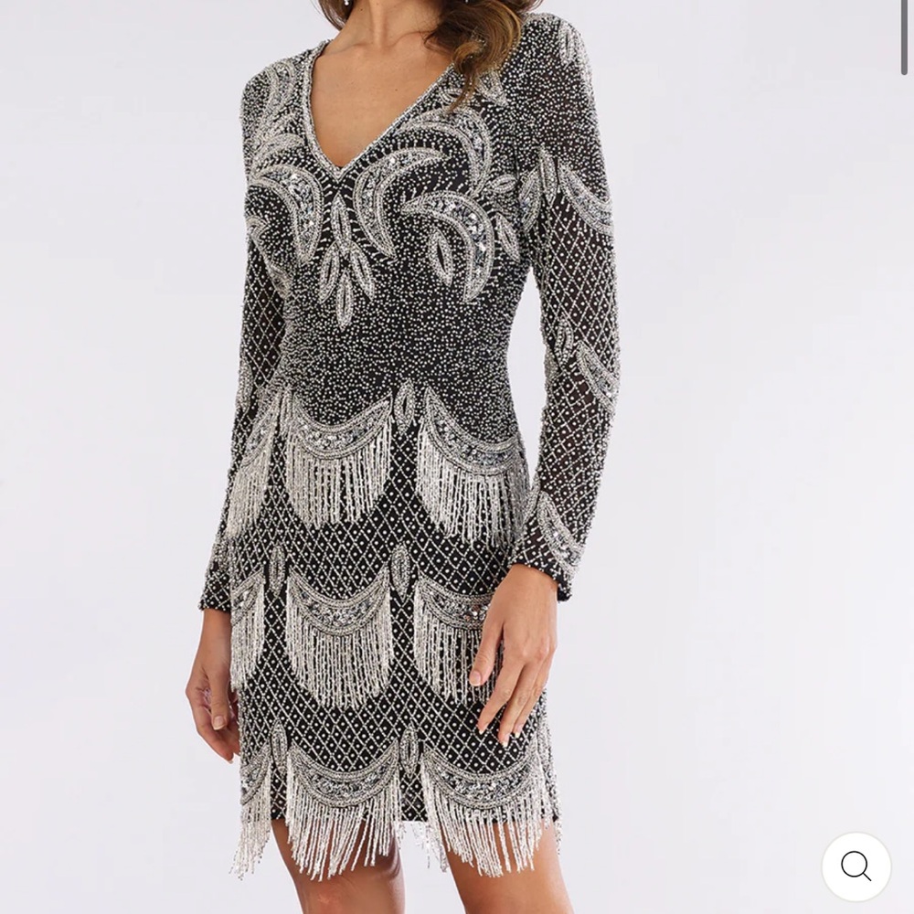 Lara 29377 Lara New York - Long Sleeve Beaded V-neck Fringe Cocktail Dress